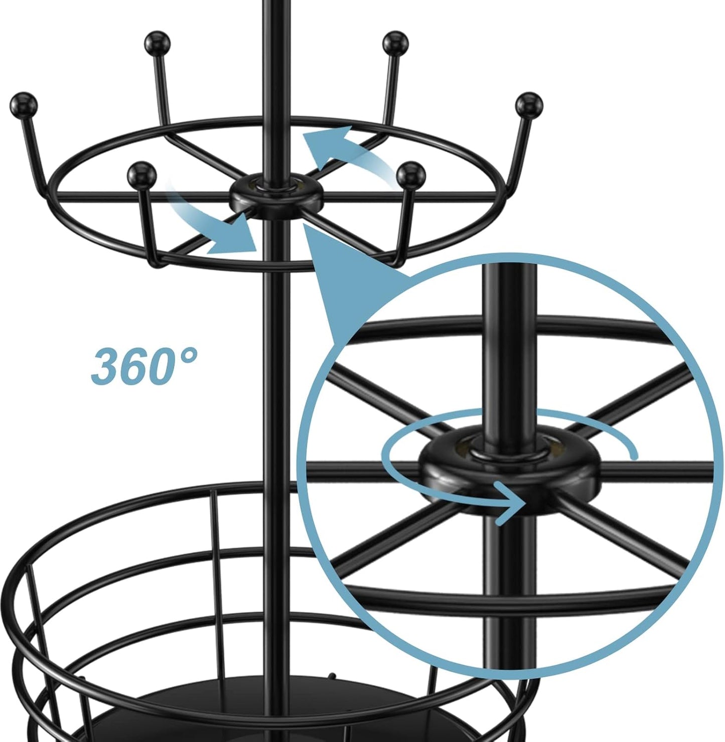 Visentor Rotatable Metal Coffee Mug Rack - 3 Tier Holder with 10 Hooks, Cup Pods & Saucer Basket for Bar Kitchen Counter - Black