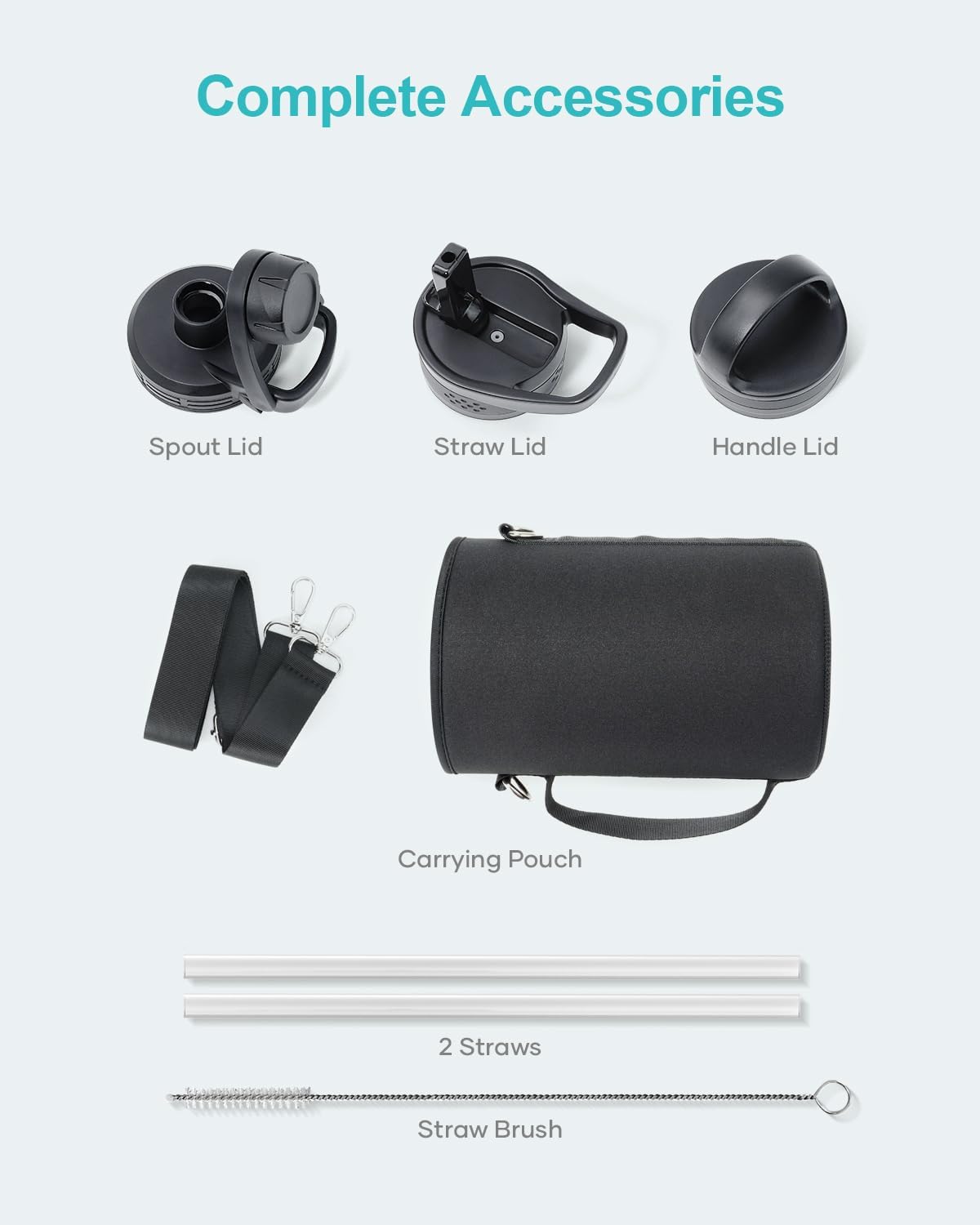 BUZIO 64 oz Water Bottle Insulated with Straw & 3 lid and Carrying Pouch, Leak Proof Half Gallon Stainless Steel Water Flask Jug, Cold for 48 Hrs Double Vacuum Thermo Canteen, BPA-Free, Shadow