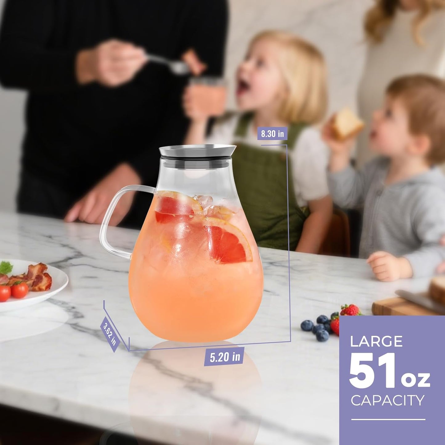 Glass Pitcher, 51 oz Glass Water Pitcher Jug Carafe, 0.4 Gallon Clear Tea Pitchers With Handle And Lid, Pitcher With Lid And Spout for Hot/Iced Water Milk Juice Coffee Fruit