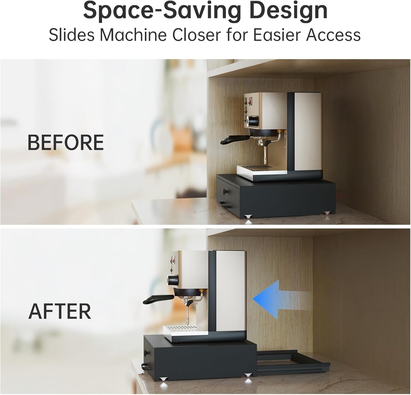 NiHome Acacia Wood Coffee Machine Tray with Pod Drawer, Smooth Wheels Rolling Appliance Slider, Large Drawer for K-Cups, Tea Bags, Under Cabinet Countertop Caddy for Espresso Maker, Blender, Air Fryer