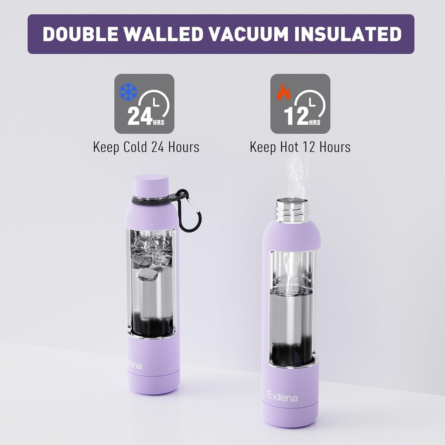 Slim Insulated Water Bottles for Travel 25oz with Clip, Double Wall Vacuum Stainless Steel Water Bottle Keeps Drinks Cold 24 Hrs/Hot 12 Hrs, 100% Leakproof, BPA Free(Purple)