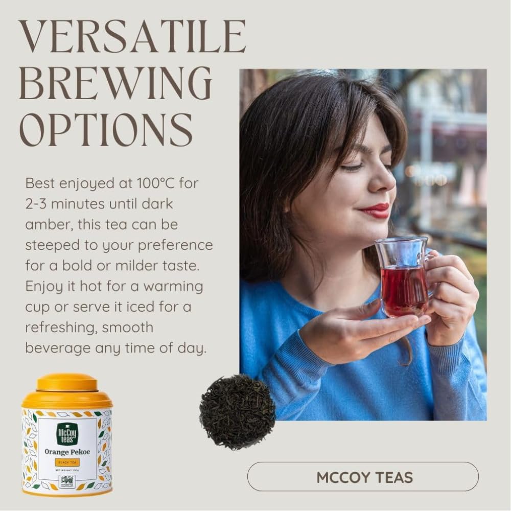 McCoy Teas Orange Pekoe Black Tea Loose Leaf Tea with Rich Smooth and Aromatic Brew Make Hot or Cold Ice and Brews with Premium Tea from Sri Lanka, 100g Can (Pack of 01)