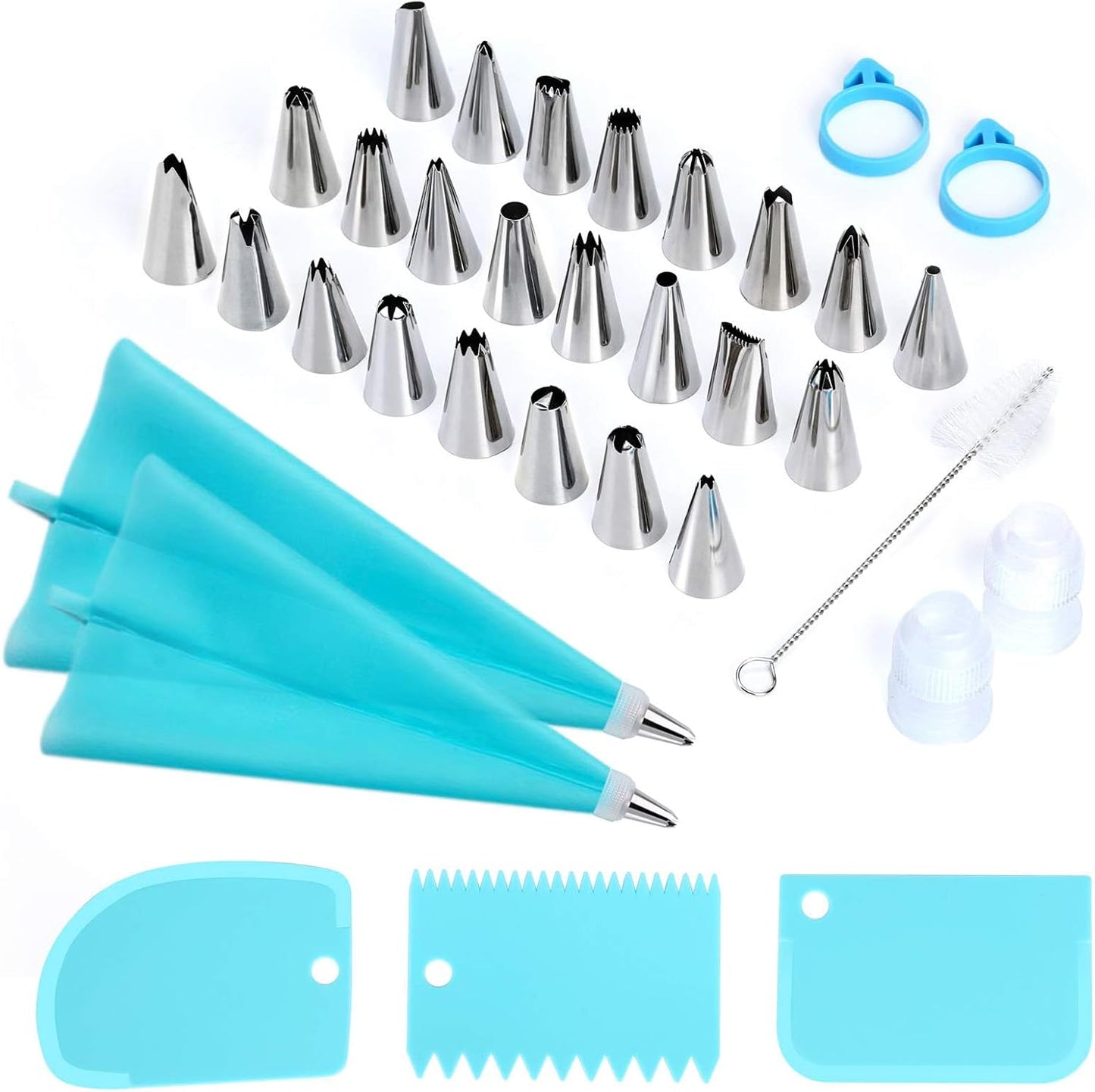 34-Piece Cake Decorating Kit – Piping Bags and Tips Set with 24 Stainless Steel Tips, 2 Reusable Silicone Piping Bags, 3 Smoothers, 2 Couplers, 2 Bag Ties, and 1 Brush for Baking & Cake Decorating