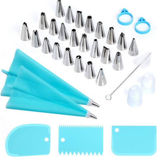 34-Piece Cake Decorating Kit – Piping Bags and Tips Set with 24 Stainless Steel Tips, 2 Reusable Silicone Piping Bags, 3 Smoothers, 2 Couplers, 2 Bag Ties, and 1 Brush for Baking & Cake Decorating
