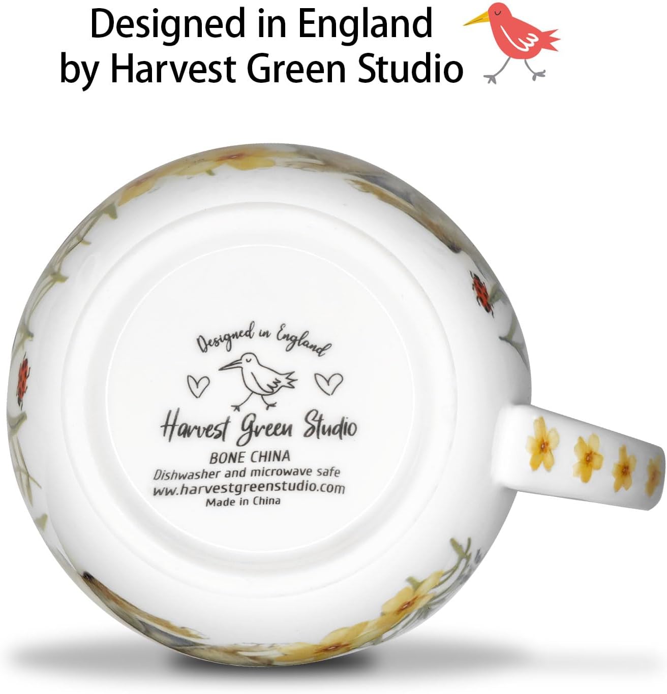 20 oz Rabbit Coffee Hug Mug, Spring Flowers & "Happy Days" Slogan, Premium Bone China Cute Bunny Mug, Perfect Holiday and Birthday Gift for Women, Designed in England by Harvest Green Studio