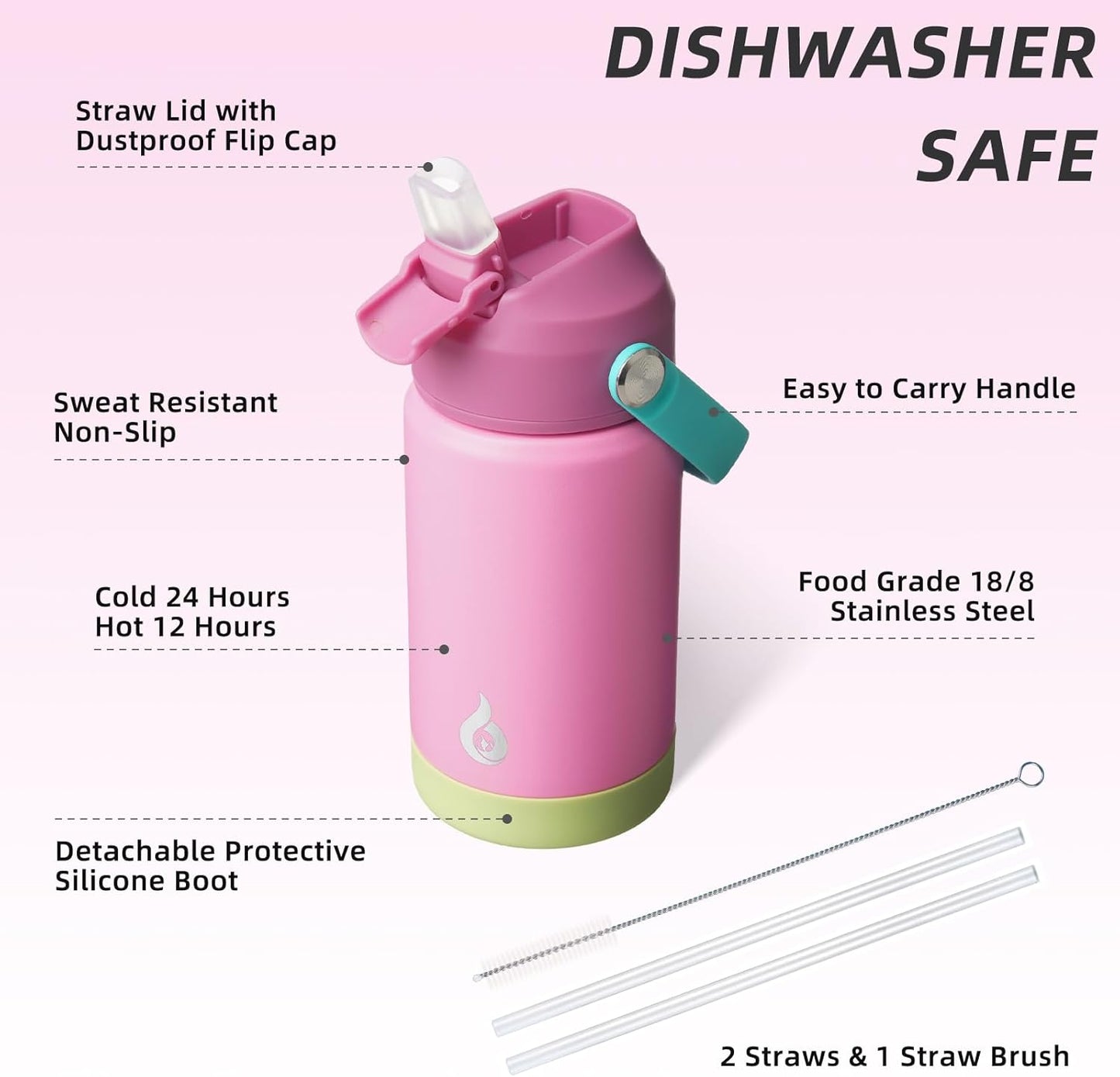 BJPKPK Insulated Water Bottle with Straw Lid, 12oz Thermos Water Bottles, Flex Handle & Non-slip Boot, BPA Free Leak Proof Stainless Steel Metal Thermos, Tumblers, Cups,Rose Pink