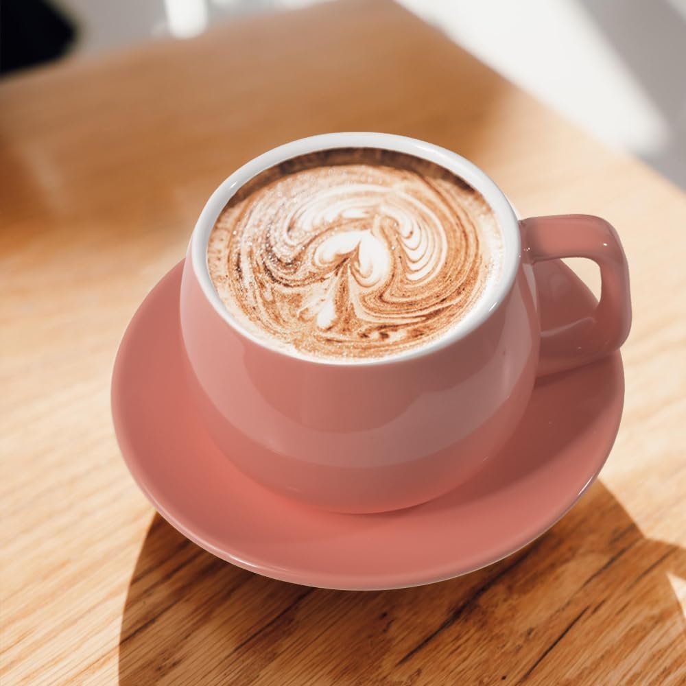 Porcelain Coffee Cup with Saucer 270ml/9oz, Minimalist Design, Perfect for Latte, Cappuccino, and Tea, Pink