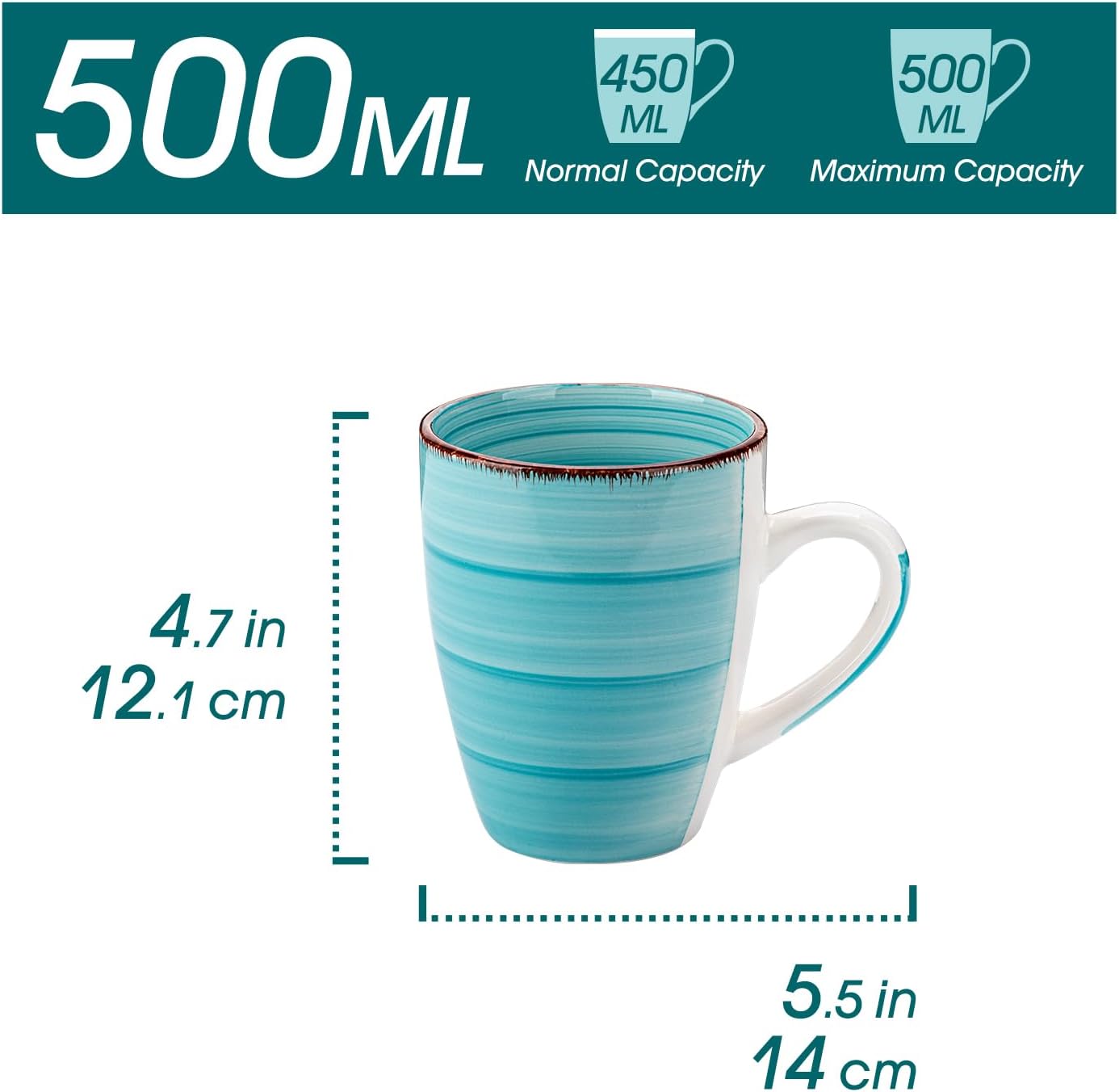 vancasso Bonita 16 Oz Large Coffee Mugs Set of 6, Ceramic Coffee Cups for Cappuccino, Latte, Tea, Cocoa, Blue