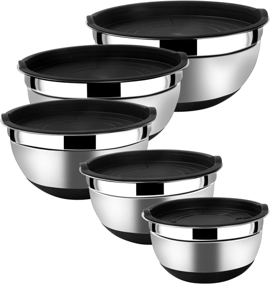 Lazycorner Mixing Bowls with Airtight Lids Set 5 Pcs Stainless Steel Bowls Set Baking Set Non-Slip Silicone Bottoms Great for Serving & Baking