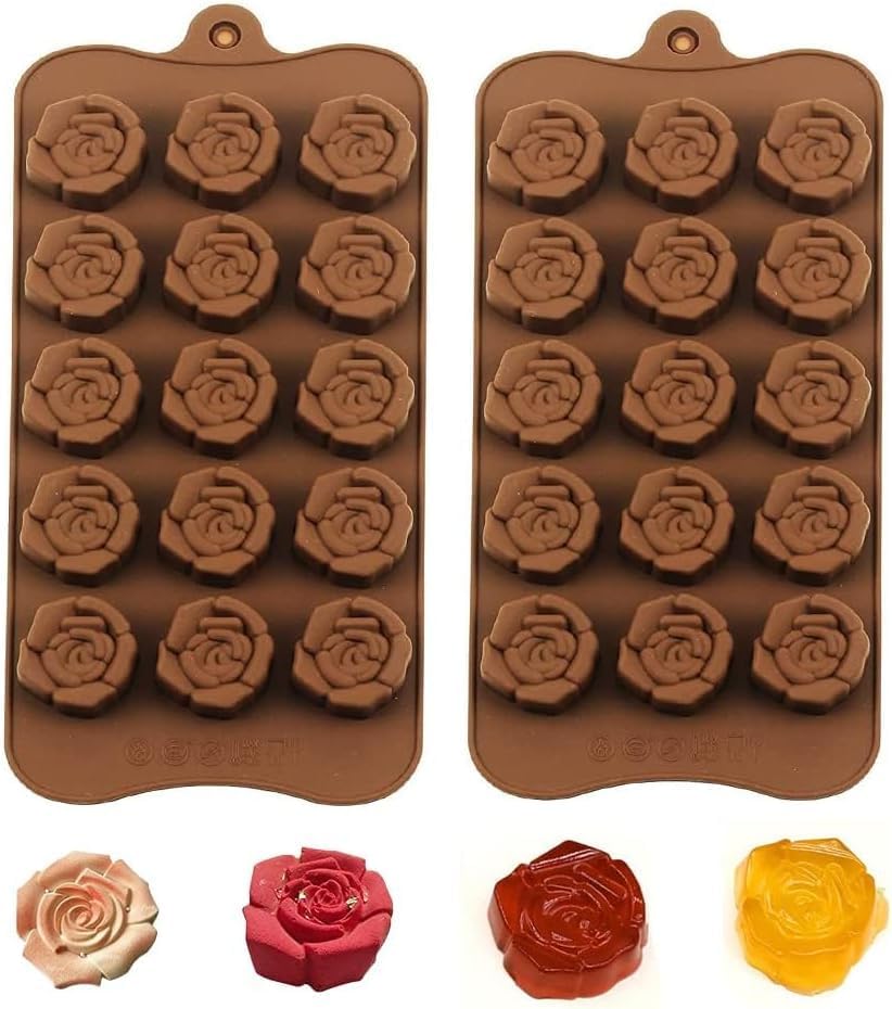 2PCS Rose Flower Chocolate Molds 15 Cavity Silicone Candy Molds Non-Stick Sweet Valentines Day Molds Gummy Ice Jelly Molds for Wax Melt Resin Casting Candles Soap