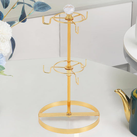 Coffee Mug Tree Holder for Counter,Double Tier Mug TeaCup Metal Holders Countertop,Golden Coffee Mug Tea Cup Stand Rack for Counter Top 6 Hooks(Gold,Crystal Ball)