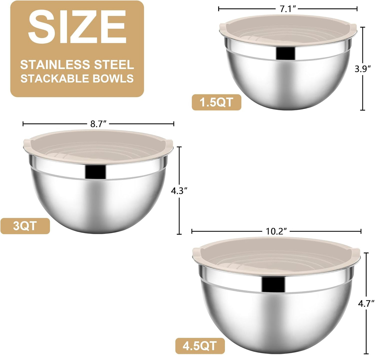 E-far Mixing Bowls with Lids, 6-Piece Stainless Steel Salad Bowls Metal Nesting Bowls for Baking Cooking and Prepping, Airtight Lids & Stackable Design, Size 4.5, 3, 1.5 QT (Khaki)