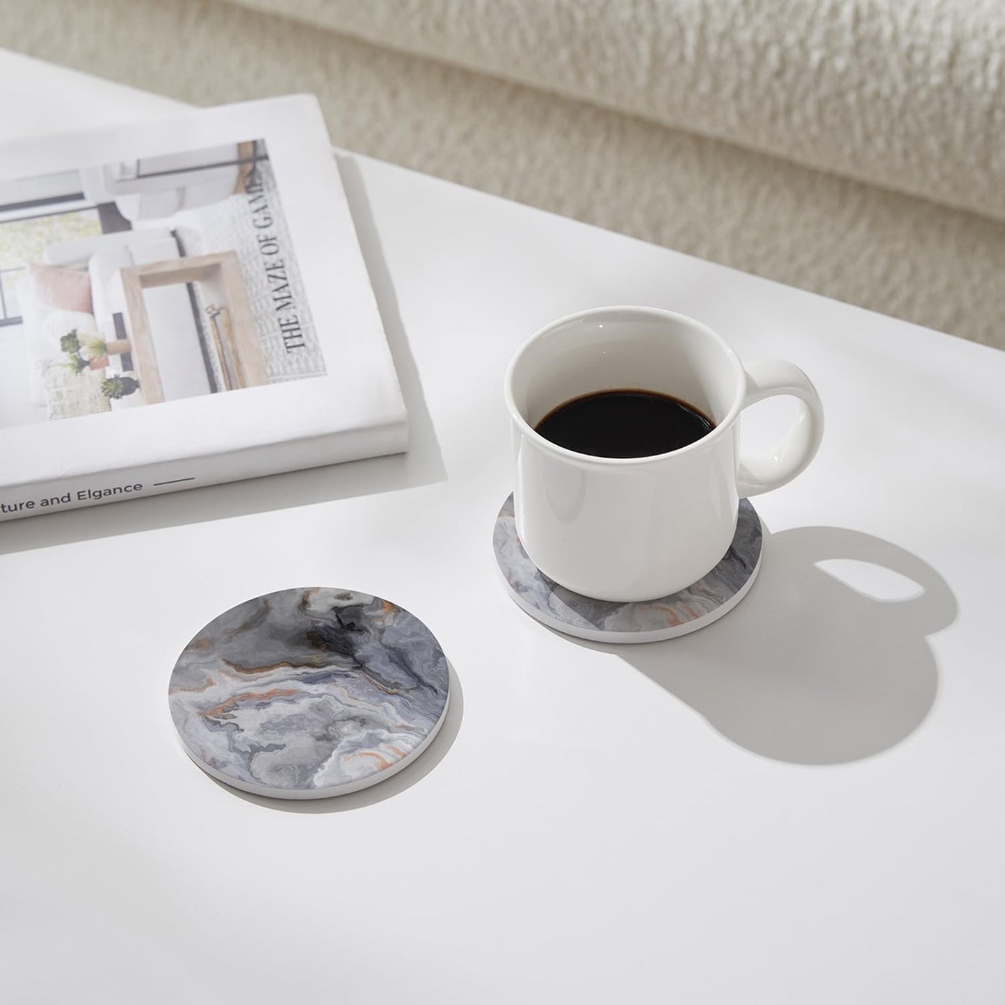 Set of 6 Abstract Dark Blue Marble Coasters with Holder, Absorbent Ceramic Coasters for Drinks, Coasters with Cork Backing for Table Protection, Housewarming Gifts for New Home