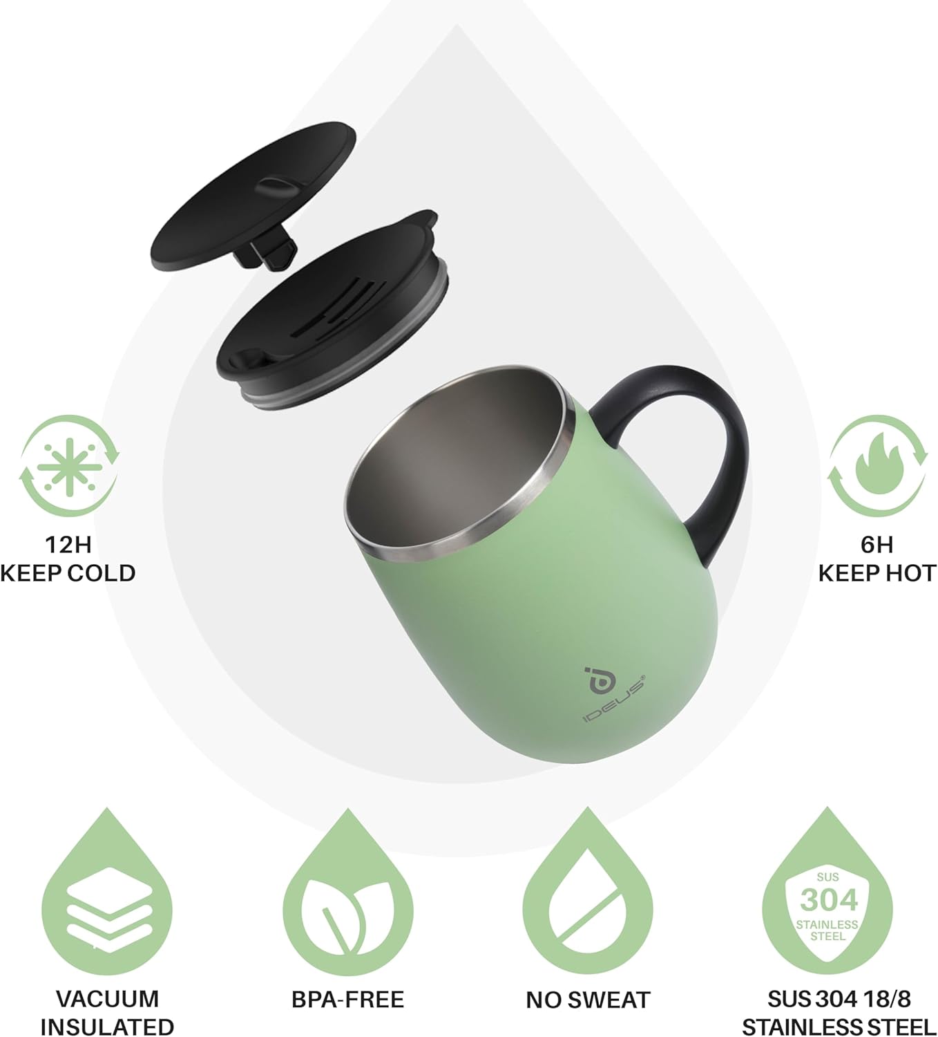 Ideus 16 oz Insulated Coffee Mug with Handle and Lid, Double Wall Stainless Steel Vacuum Thermal Coffee Mug, Travel Coffee Cup Thermal Cup for Home and Office, Avocado Green