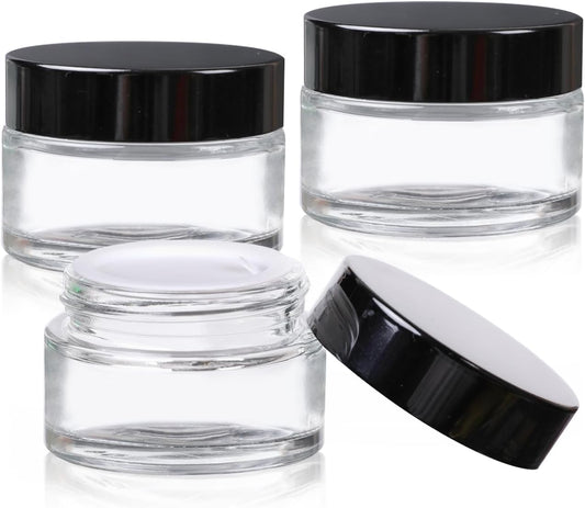1 oz Glass Jars with Lids,3 Pack Clear Small Glass Cosmetic Jars with Lids,60 ml Empty Glass Makeup Containers for Sample, Cream, Lotion,Powder (1 OZ, Clear)