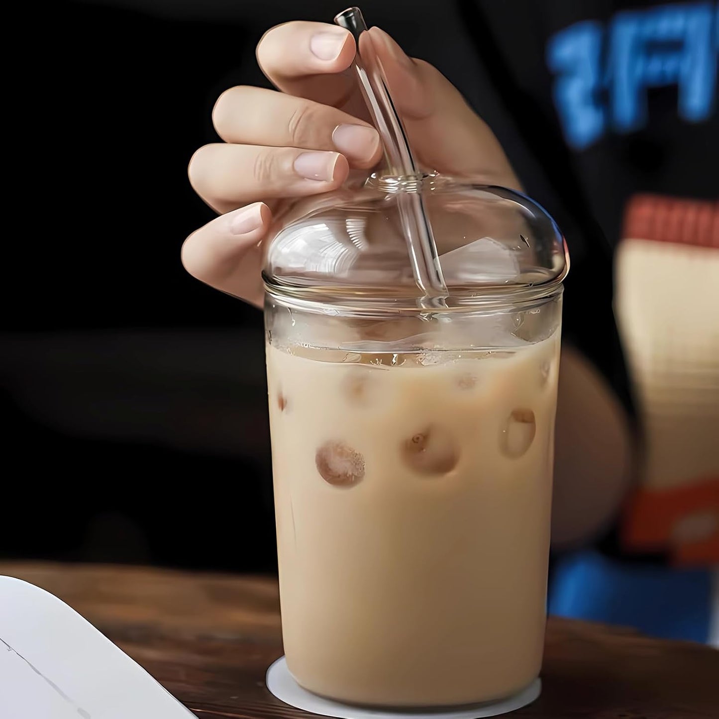 16oz Glass Cup with Glass Lid & Straw - Drinking Glasses for Iced Coffee, Bubble Tea, Matcha, Smoothie, Soda, Water - BPA-Free Glassware with Cleaning Brush, Dishwasher Safe