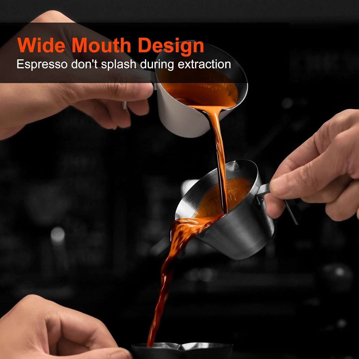 MHW-3BOMBER Espresso Measuring Cups, Double Spouts Stainless Steel Espresso Pour Cup, Espresso Shot Cups with Handle Scale, Metal Measuring Cups with V-Shaped Mouth, 3.4OZ/100ML Black G5148B-OS