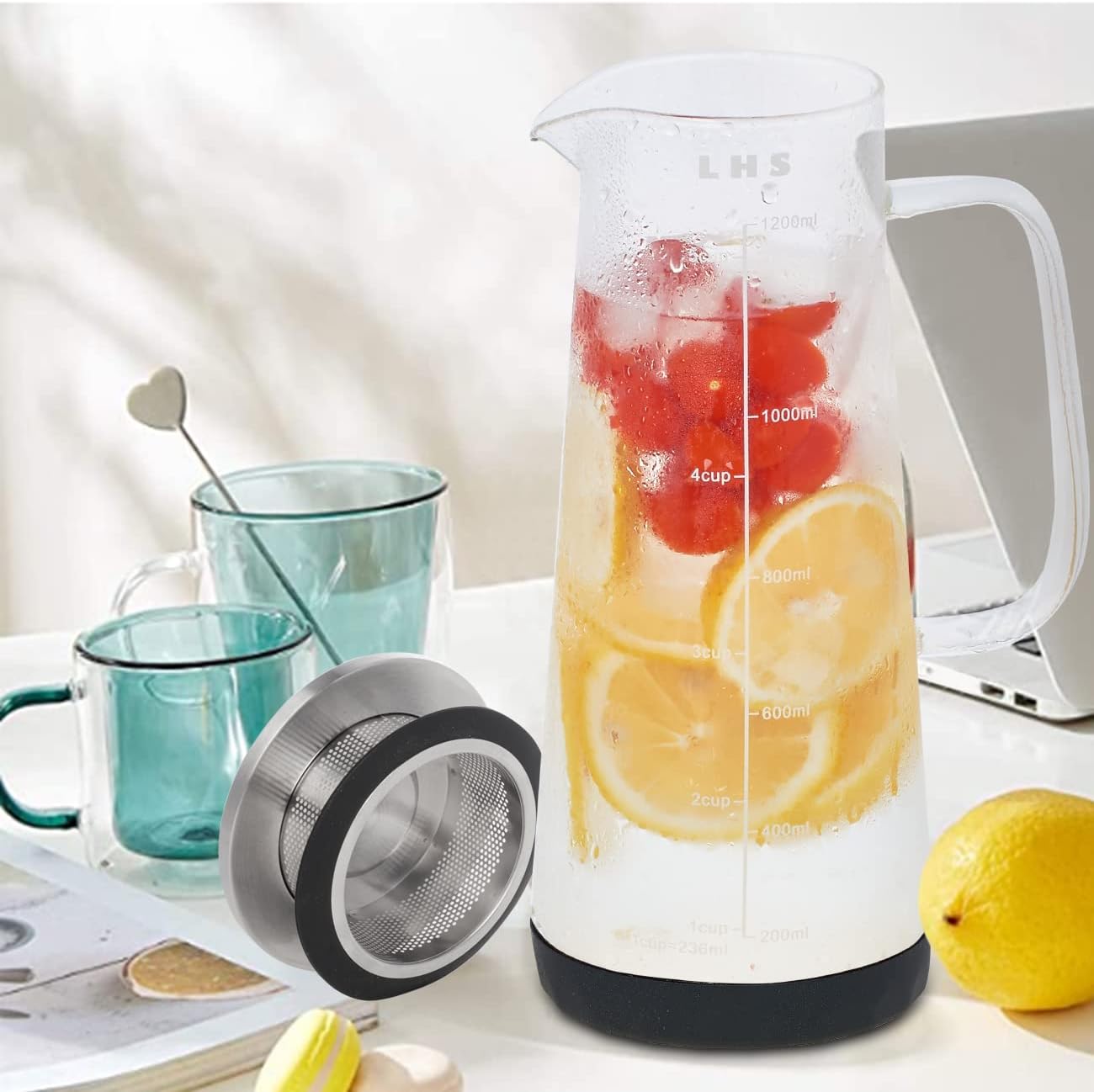 LHS Cold Brew Coffee Maker 2 in 1 Iced Coffee Maker, Glass Pitcher with Lid- 1.2Liter / 40oz, Stainless Steel Filter Removable and BPA-Free Glass Carafe for Iced Coffee, Cold Brew Tea, Juice