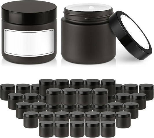 2 oz Glass Jars with Lids, Bumobum 48 pack Black Cream Jars with Black Lids, Black and White Labels & Inner Liners, Empty Cosmetic Containers for Cream, Lotion, Ointment