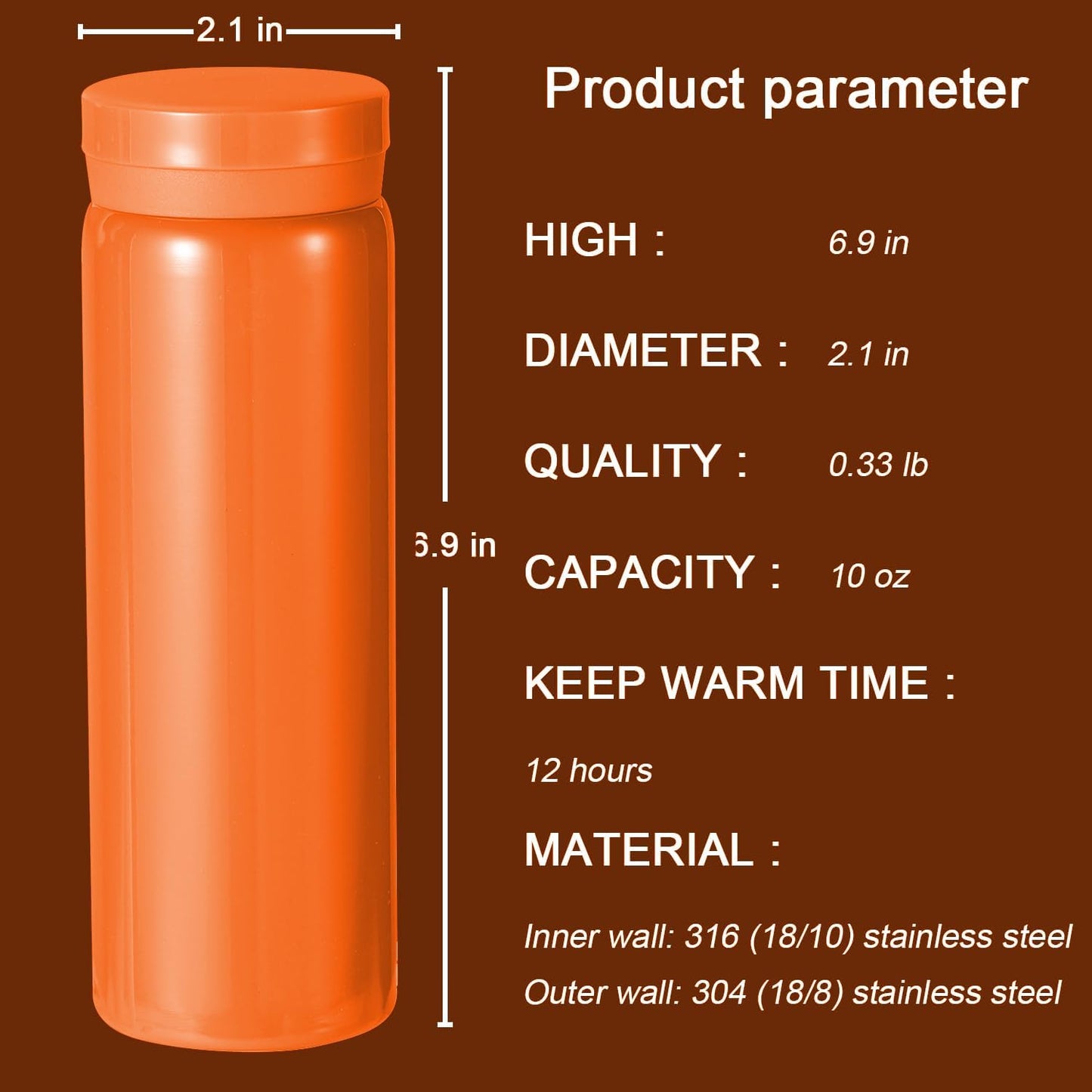 10oz Mini Water Bottle Stainless Steel Thermos Small Flask - Insulated Vacuum, Leak Proof, Keeps Drinks Hot/Cold - Ideal for Coffee, Tea, Water - Orange