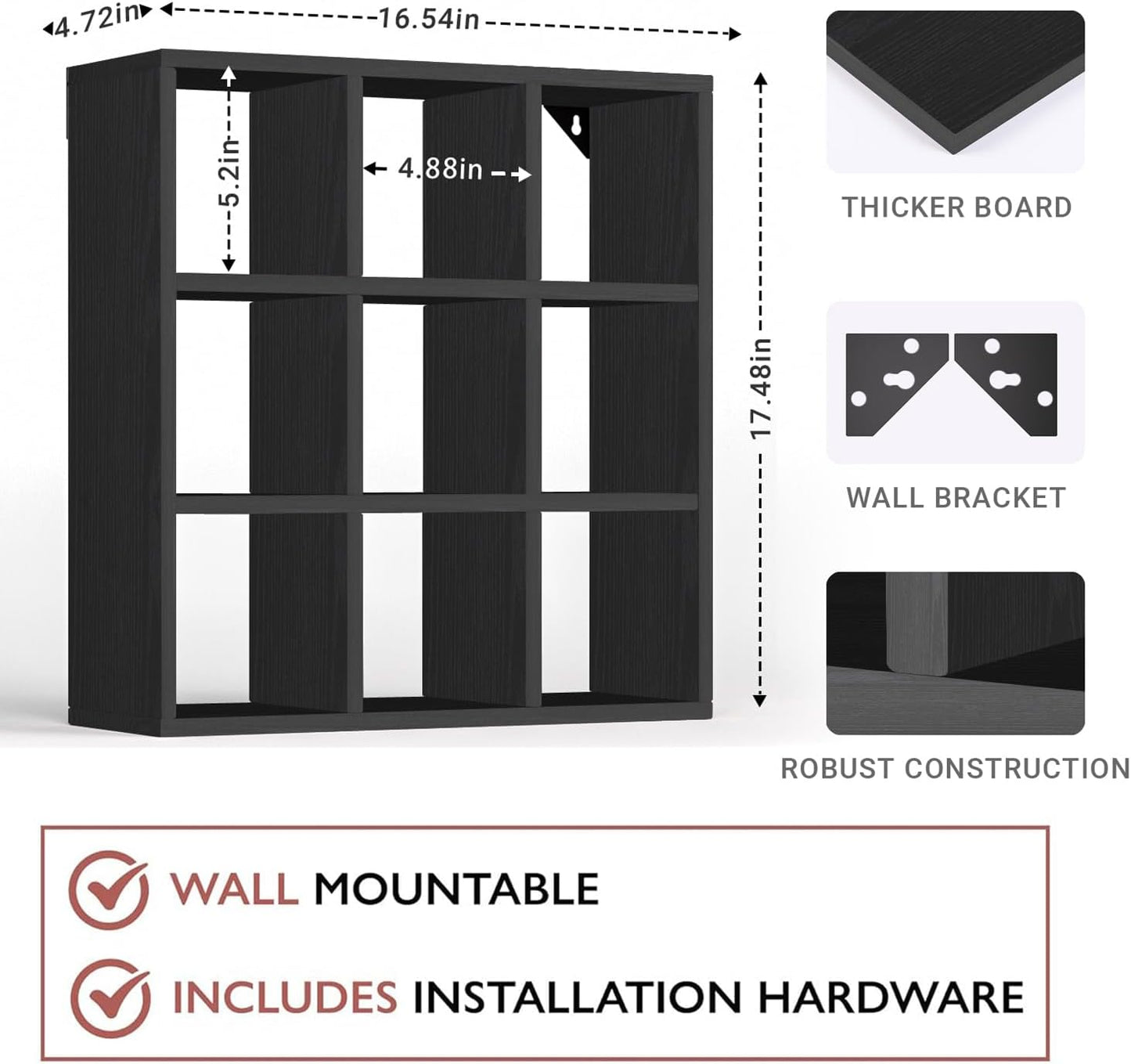 Helsin 9 Grid Vintage Coffee Mug Display Rack, 16inch Wall Mounted Wooden Curio Shadow Box Shelf, Cup Floating Shelves Display and Organizer (Black)