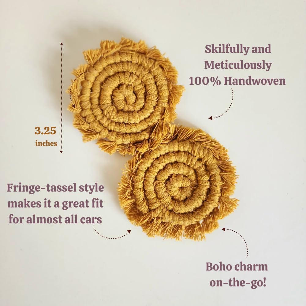 Cotton Car Coasters for Cup Holders, 2PC Car Cup Coasters, Drink Coaster Holder, Cute cupholder Coaster Accessories for Women, Macrame, Boho (Sunshine Yellow)