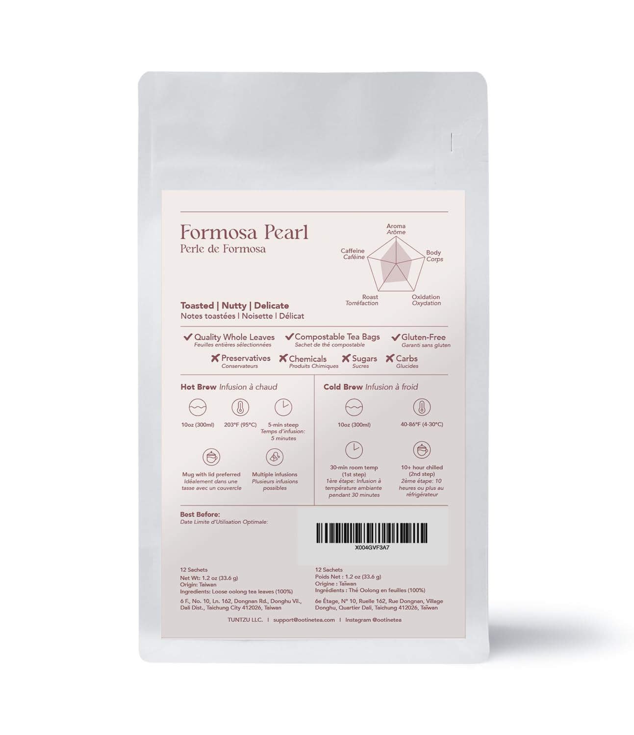 OOTINE, Formosa Pearl Taiwan Oolong Tea Bags (12 Sachets) | Roasted Nutty Notes | Hand-Picked Quality Whole Leaves in Plant-Based Sachets | Caffeine Alternative, Daily Antioxidant Support | Multiple Infusions