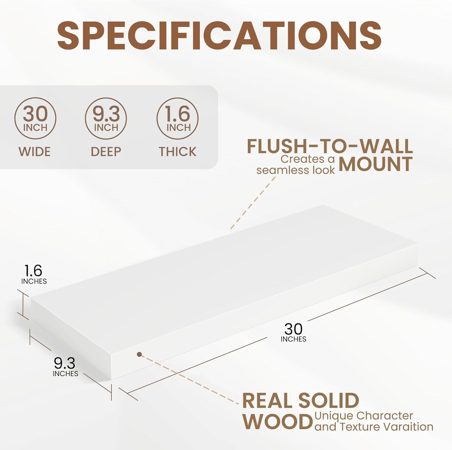 Fun Memories White Floating Shelves for Wall, 30 x 9 Inch Floating Shelf Set of 2, Rustic Natural Wood Wall Shelves, 9" Deep White Bathroom Shelves for Storage & Display