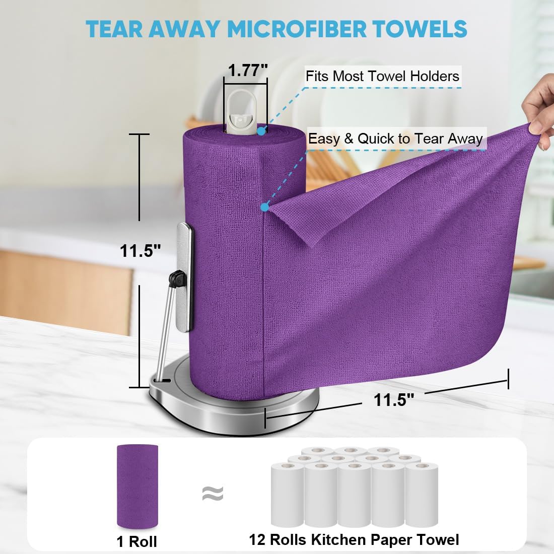AIDEA Microfiber Cleaning Cloth Roll, 75PK, Reusable Paper Towels Tear Away Cloth, Microfiber Towels for Cars, Lint Free Cleaning Rags for House, Kitchen, Window, 11.5"×11.5", Purple
