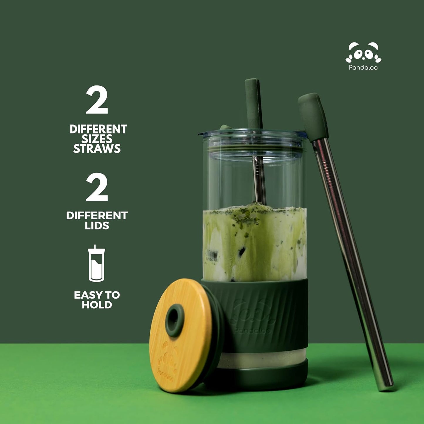 Pandaloo® Glass Cups With Lids and Straws -20 Fl Oz- Perfect Size Iced Coffee Cup - Smoothie Cup With Bamboo Lid and On the go Lid - Glass Tumbler With Straw (1 Count (Pack of 1), Mediterranean Olive)