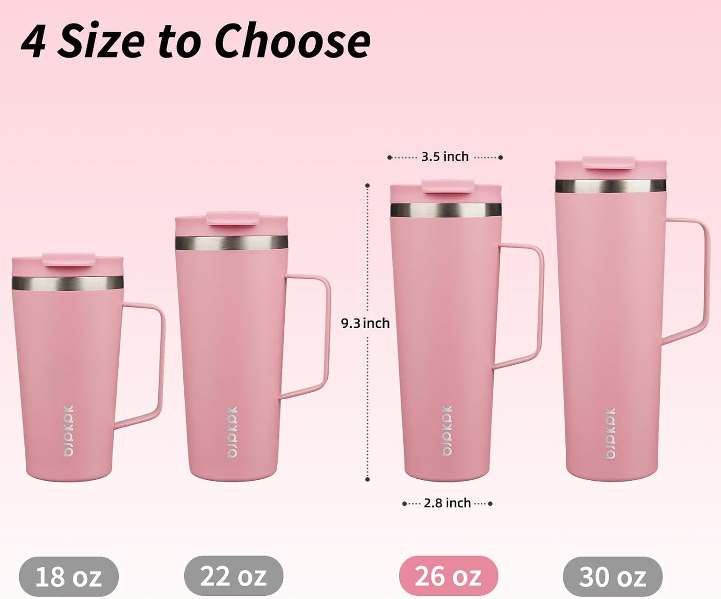 BJPKPK Insulated Tumbler with Handle, 26oz Insulated Tumblers with Lid and Straw, Stainless Steel Metal Water Bottles, Coffee Travel Mugs, Cups, Light Pink