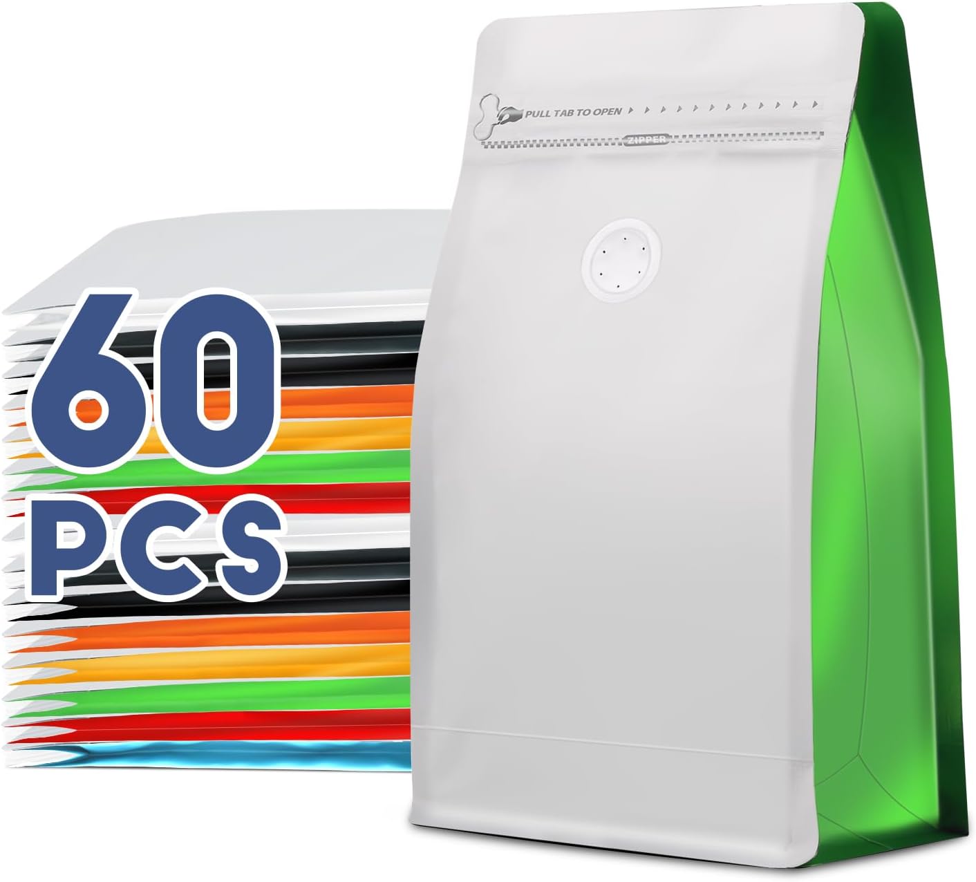 Coffee Bags with Valve(60pcs,8 oz,1/2 lb) Vented Coffee Beans Packaging Bags High Barrier Aluminumed Foil Flat Bottom Heat Sealed Side Zipper Resealable Storage Bag for Home or Business（White+Green）