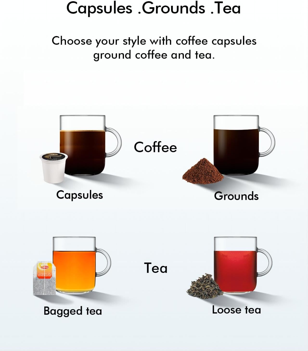 SIFENE Single Serve Coffee Maker, 3-in-1 Quick Brew for Coffee Pods, Ground Coffee, & Loose Tea, 6-12oz Cup Sizes, 50oz Removable Water Tank, 1150W, Compact, Black