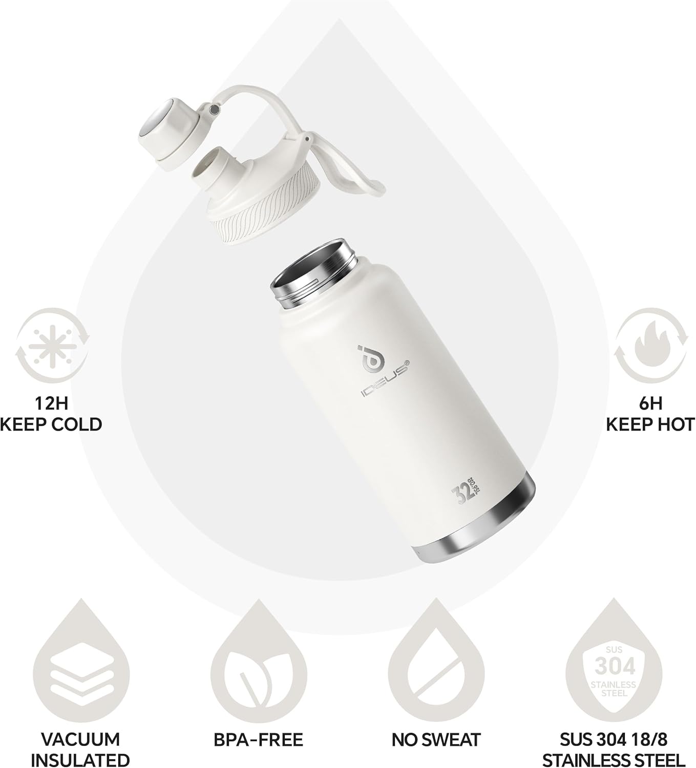 IDEUS Insulated Stainless Steel Water Bottle with 2 Leak-Proof Lids, Thermal Water Flask for Hiking Biking, 32oz, White
