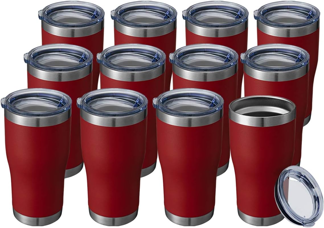 HASLE OUTFITTERS 20 oz Tumbler Bulk, Stainless Steel Tumblers with Lid, Vacuum Insulated Tumbler, Double Wall Powder Coated Cup, coffee mugs, Wine Red, 12 Pack