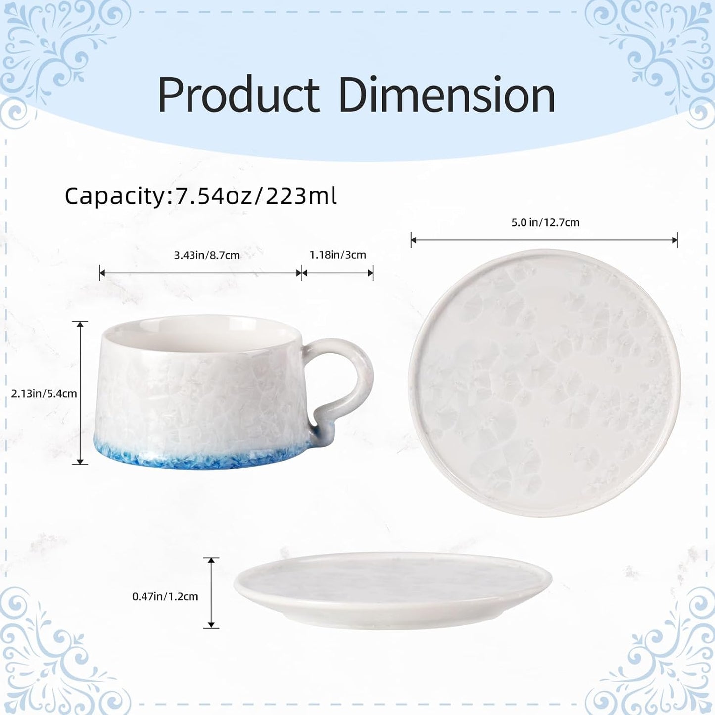 KAMMAK Tea Cups and Saucers set of 2, Porcelain Coffee Cups, 7.5oz Crystalline Glaze Espresso Mugs, Ceramic Demitasse for Coffee, Cappuccino, Latte, Americano, Tea (Dark Blue and White Blue)