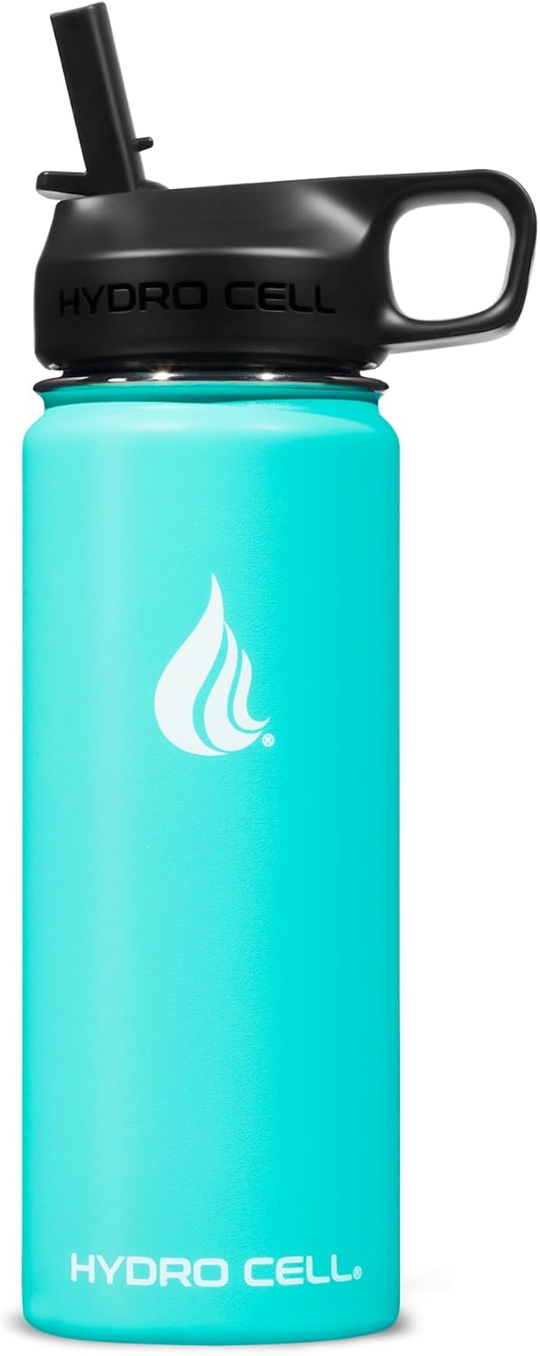 HYDRO CELL Stainless Steel Sport Water Bottle with Straw - Keeps Drinks Cold & Hot via a Leak Proof Metal Triple Insulated Vacuum Flask for All Sports and Outdoors Activities (Teal 18oz)