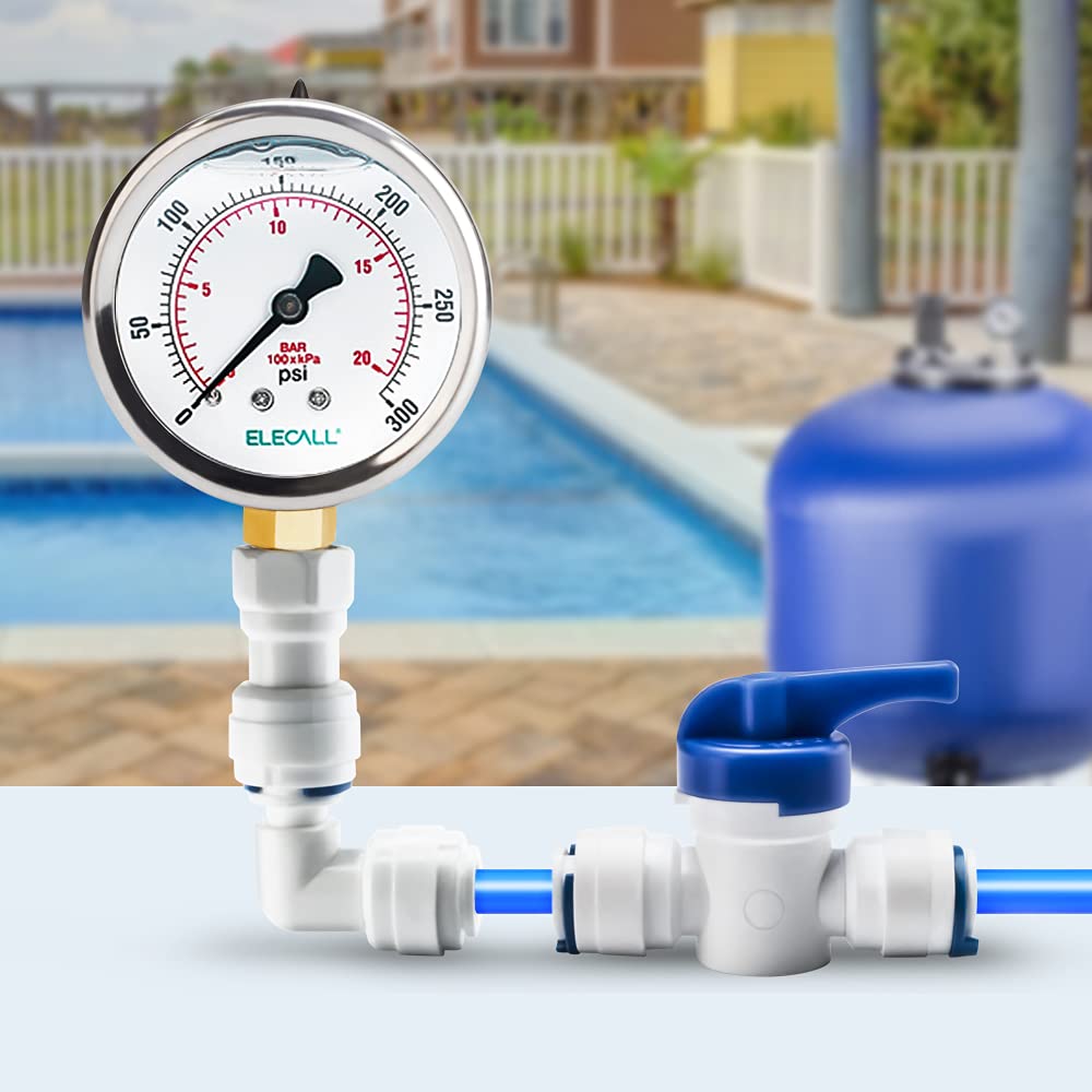 ELECALL 2-1/2" Liquid Glycerin Filled Air Pressure Gauge, 0-300Psi, 1/4" NPT Lower Mount, Stainless Steel Case, Brass Internals, Water Pressure Gauge