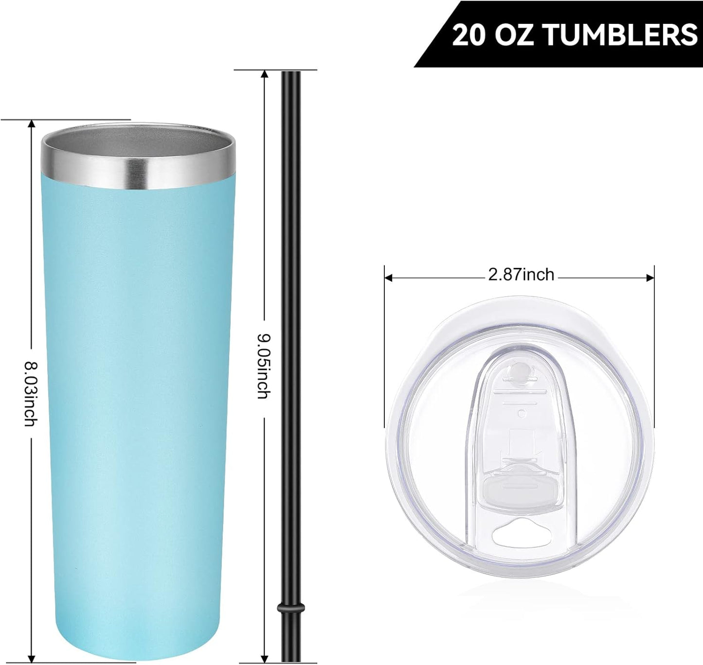 VEGOND Stainless Steel Tumblers Bulk 6 Pack, 20 oz Vacuum Insulated Skinny Tumblers with Lid and Straw, Double Wall Coffee Mug, Travel Water Cup, Blue