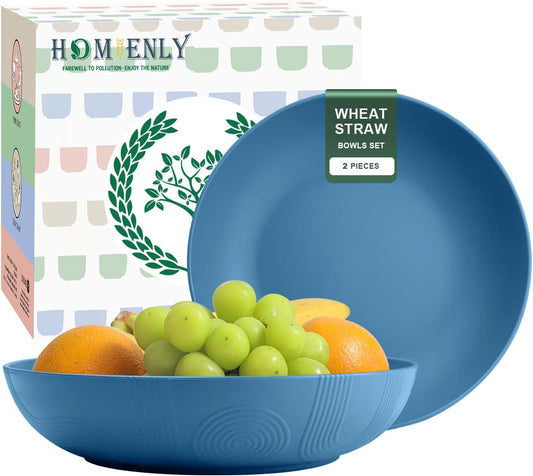 Homienly Wheat Straw Bowls, Salad Bowls, Serving Bowls for Kitchen, Camping, Picnic, Fruit, 60 OZ Large Capacity, Microwave and Dishwasher Safe, Set of 2 (Blue)