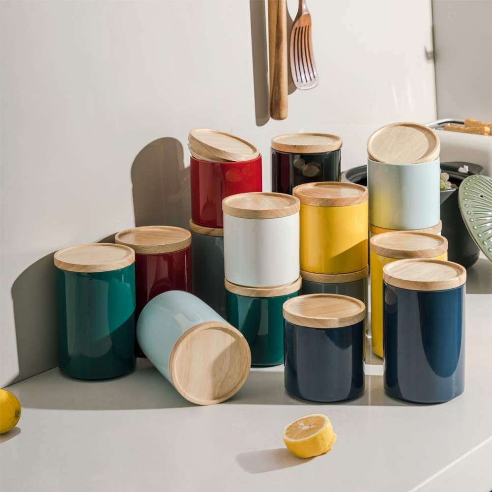 Sweejar Kitchen Canisters Ceramic Food Storage Jar, Stackable Containers with Airtight Seal Wooden Lid for Serving Ground Coffee, Tea, Sugar, Salt and More - 16 Fl Oz (Jade)