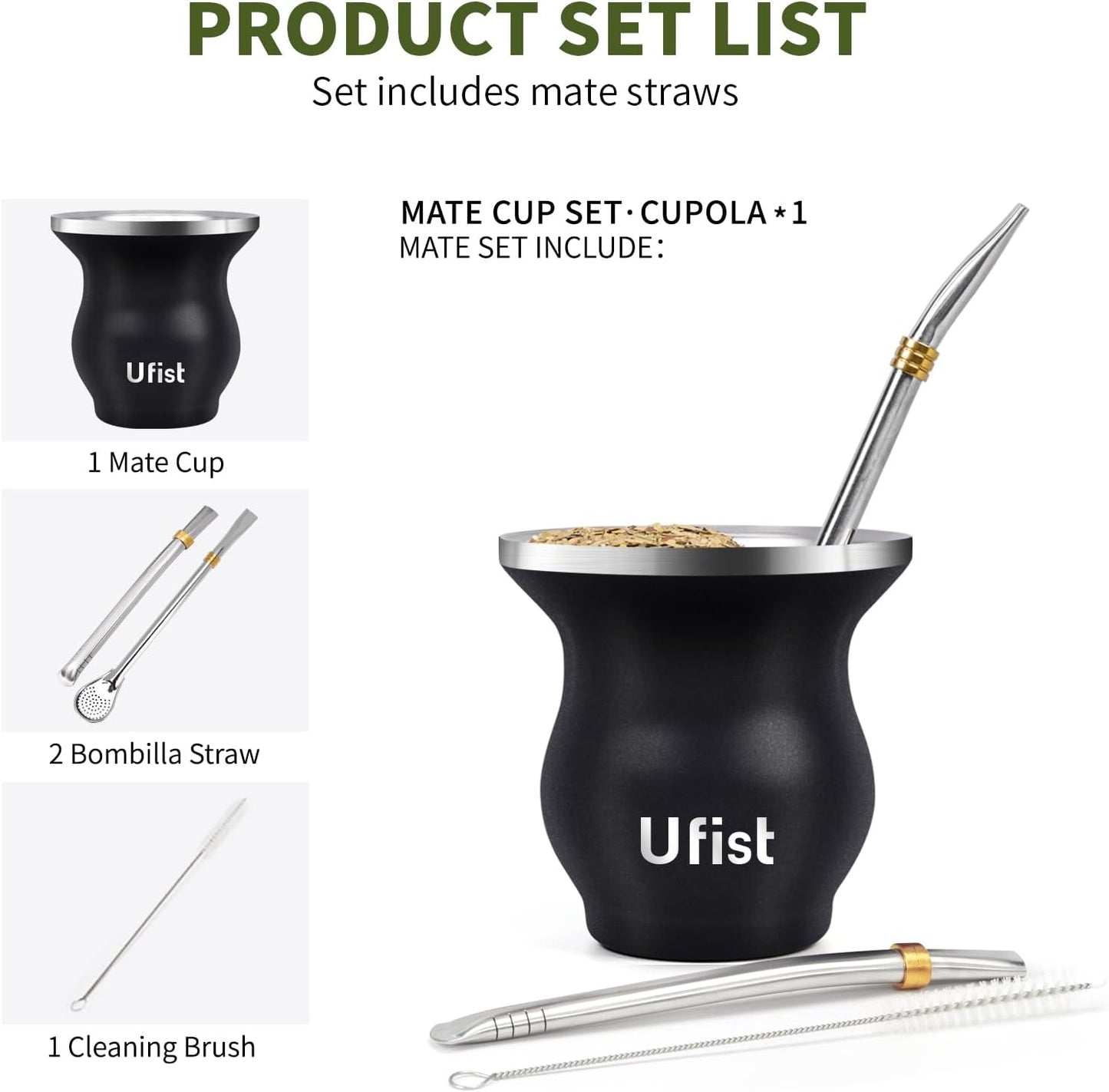 Yerba Mate Cup Set, Include Stainless Steel Double-Wall Mate Gourd with 2 Bombilla Straws and Cleaning Brush, 7.8oz Capacity, Black