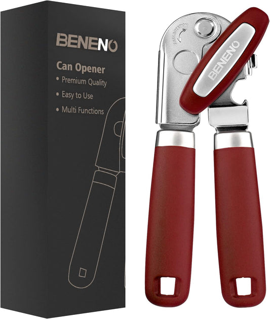 Beneno Can Opener Manual with Magnet, Hand Held Heavy Duty Can Opener with Durable Sharp Blade Smooth Edge, Big Effort-Saving Knob, Soft Grip Rubber Handle, Multifunctional Bottle Opener, Red
