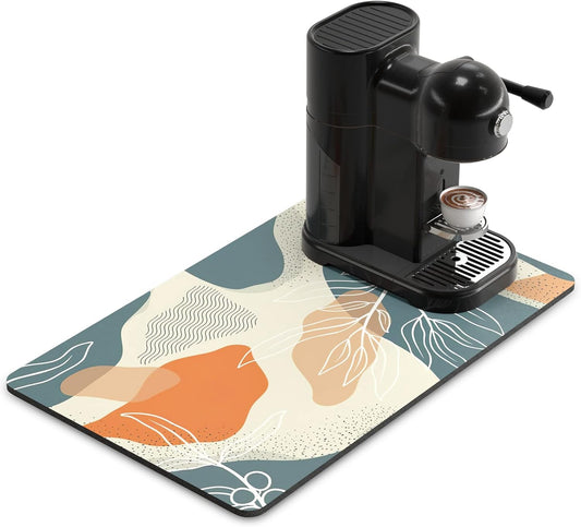 Rnivvi Coffee Mat, 12" x 19" Cute Boho Theme Coffee Bar Mats for Espresso Machine Station Accessories and Organizer, Hide Stain Rubber Backed Absorbent Dish Drying Pad for Kitchen Counter, Leaves