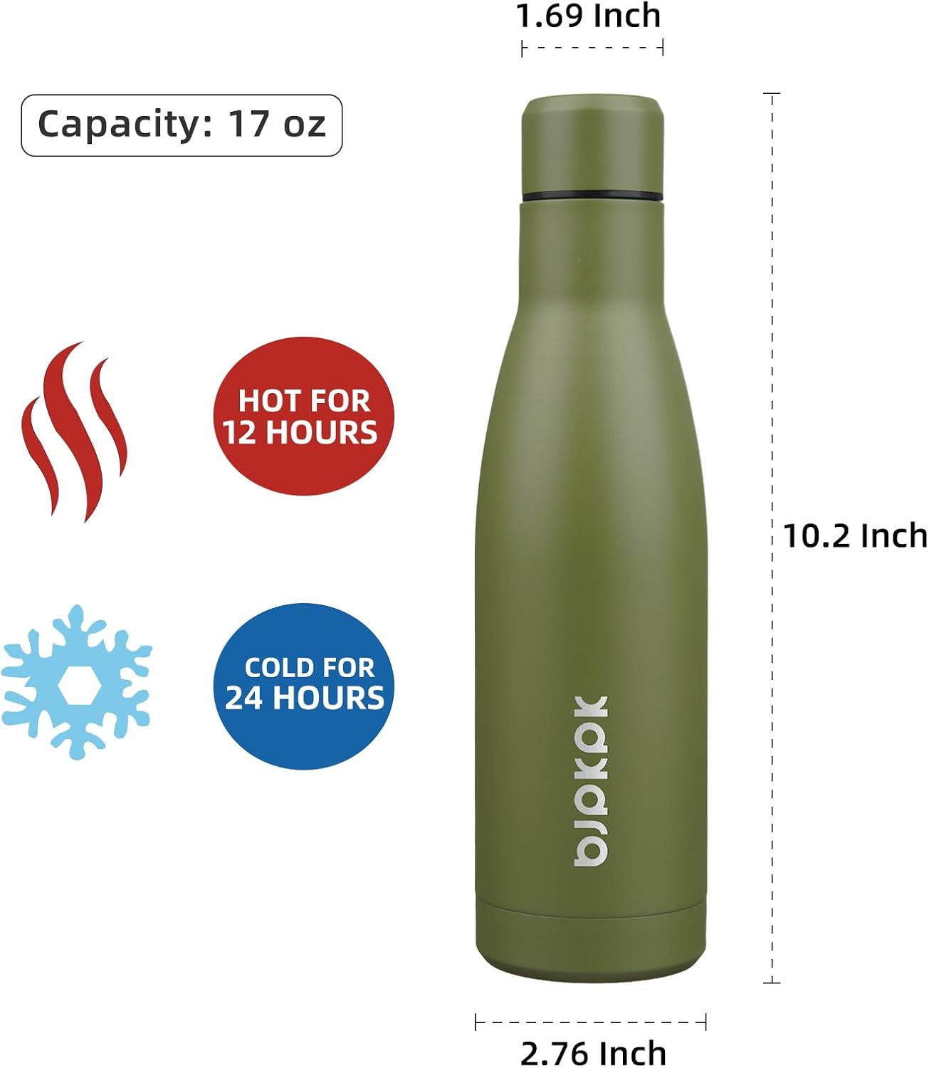 BJPKPK 17oz Insulated Water Bottles Stainless Steel Sports Water Bottles Keep Cold and Hot for Travel Dishwasher Safe,Olive Green