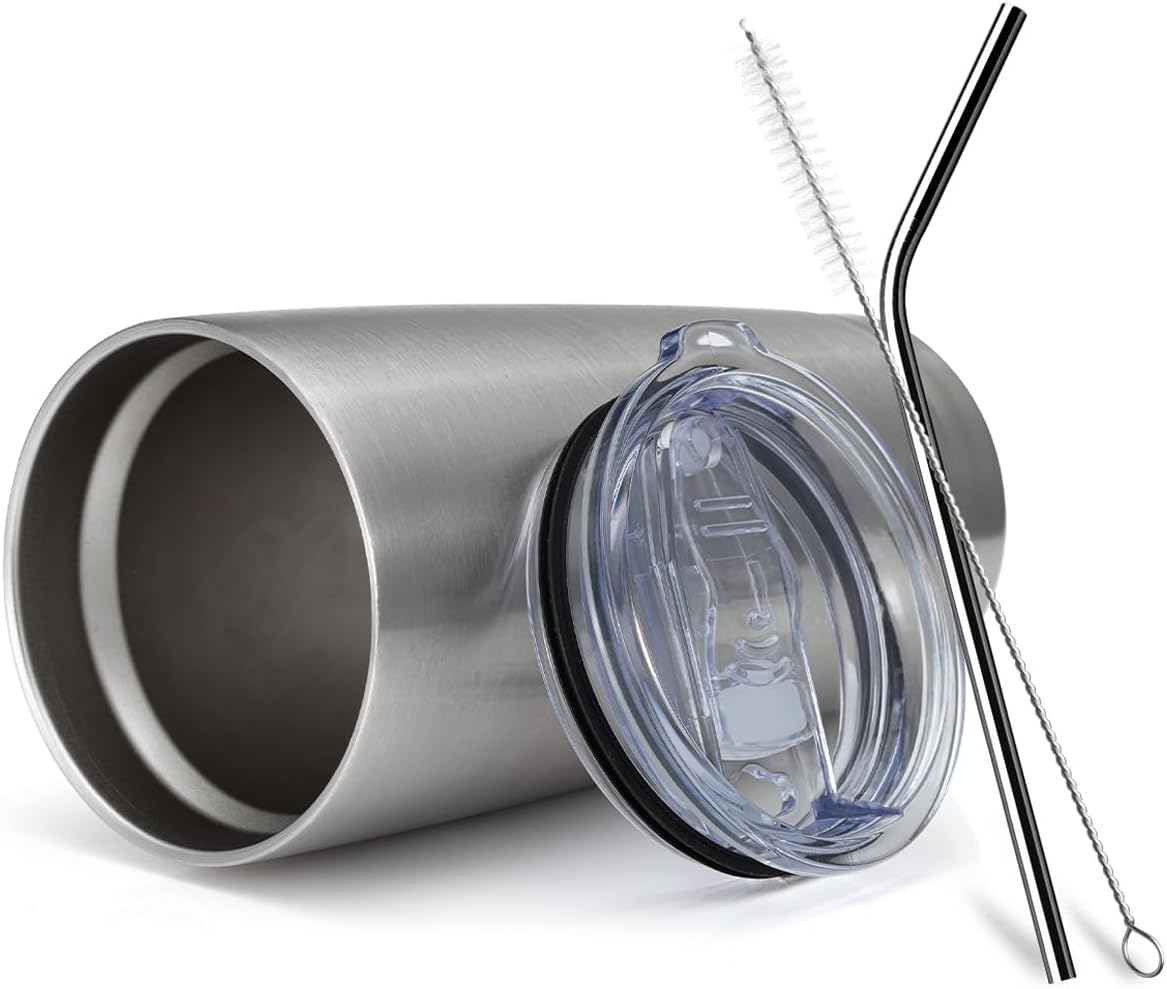 COMOOO 20oz Stainless Steel Tumbler Double Wall Vacuum Coffee Cup Insulated Travel Mug with Lid and Straw Durable Powder Coated Insulated Coffee Cup for Cold & Hot Drinks (Silver, 12 pack