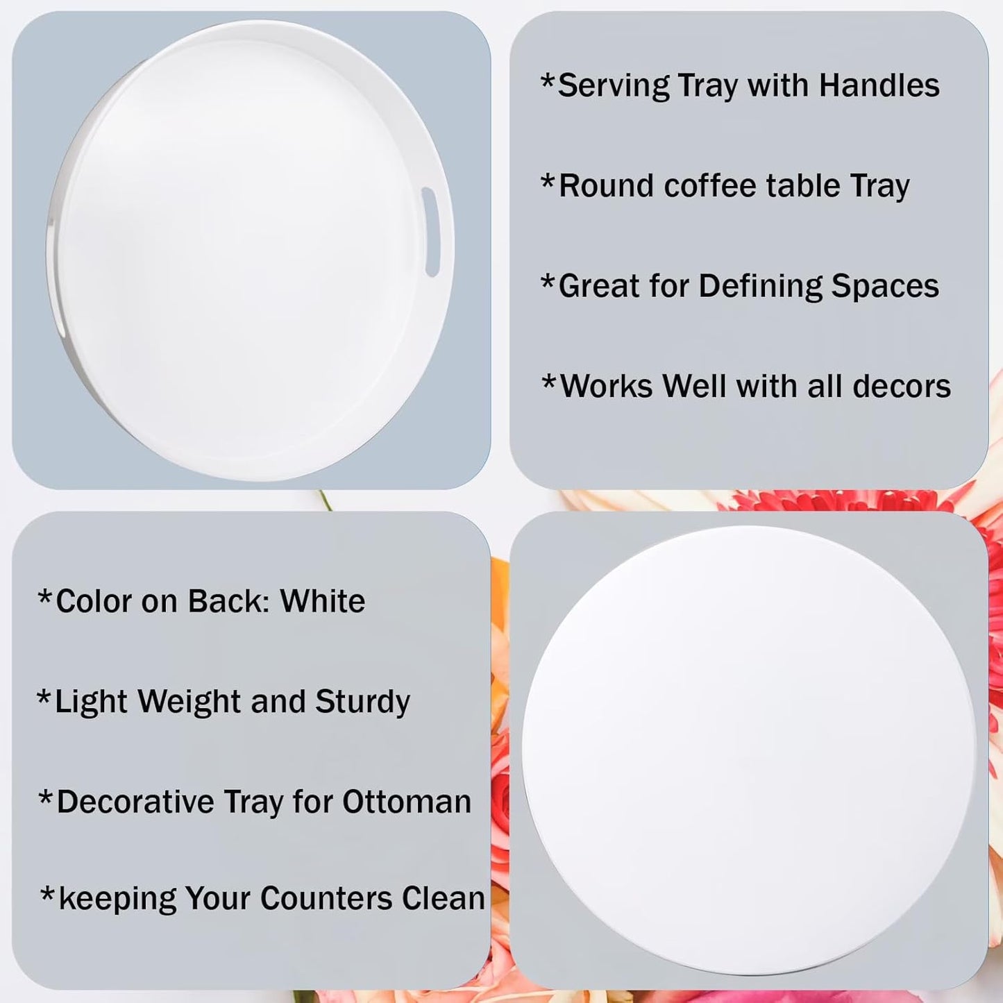 Round White Decorative Serving Tray with Handles, 13” Versatile Ottoman Tray for Coffee Table, Entertaining, Outdoor Patio, Living Room