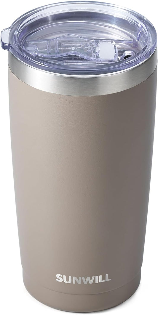 SUNWILL Travel Coffee Tumbler 20 oz, Insulated Mug with Lid, Stainless Steel Cup for Outdoor, Powder Coated Taupe