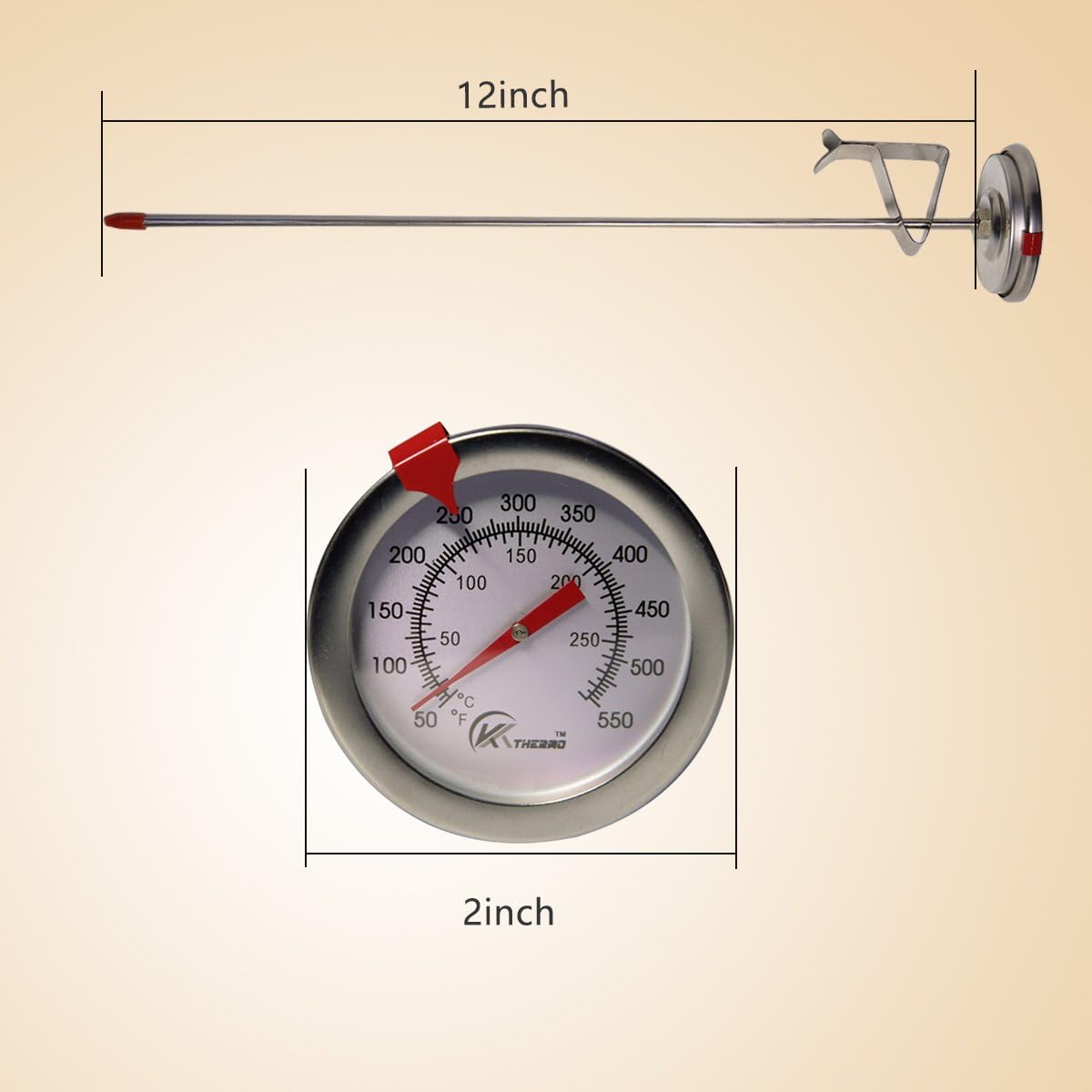 KT THERMO Candy/Deep Fry Thermometer with Instant Read,Dial Thermometer,12" Stainless Steel Stem Meat Cooking Thermometer,Best for Turkey,BBQ,Grill,Analog display