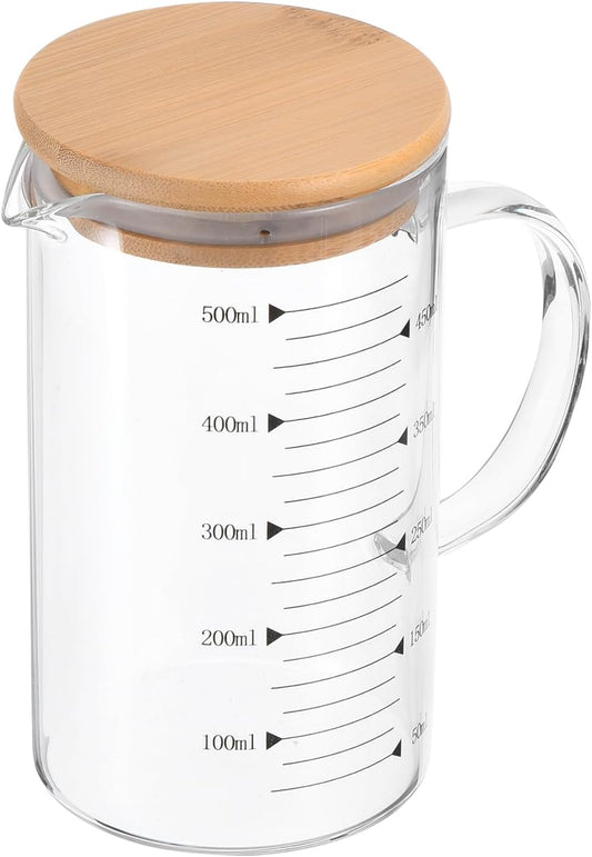 PATIKIL 500ml Glass Measuring Cup, 3.3 Borosilicate Glass Graduated Black Printed Scale Liquid Measure Cups Beaker with Wood Lid and V-Shaped Spout for Kitchen